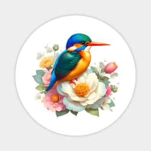 An oriental dwarf kingsfisher decorated with beautiful colorful flowers. Magnet